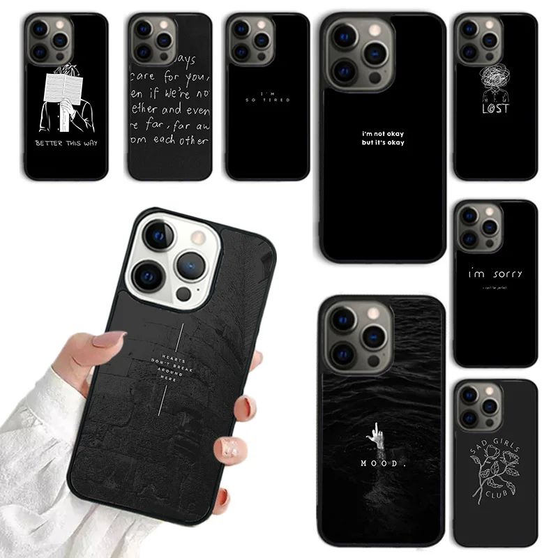 Sad depression Black Word Aesthetic Phone Case for iPhone 16 15 14 12 13 mini PLUS XS XR 11 PRO MAX Fundas coque Cover