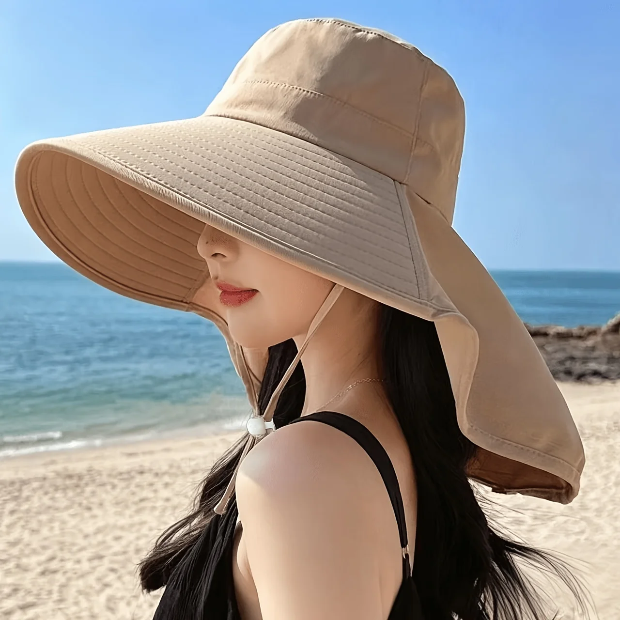 2026 Koreanischer Damen-Sommer-Sonnenhut mit großer Krempe, Nackenschutz, Sonnenschutzhüte, Baumwolle, einfarbig, Fischerhut, Damen-Visiere 모자 – Detail 5