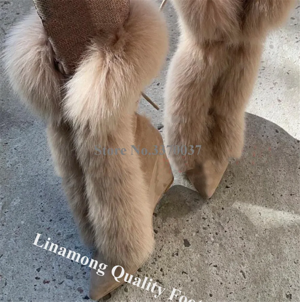 Linamong Newest Fur Fringes Mid-calf Wedge Boots Winter Sexy Pointed Toe Beige White Lace-up Warm Wedges Luxurious Boots