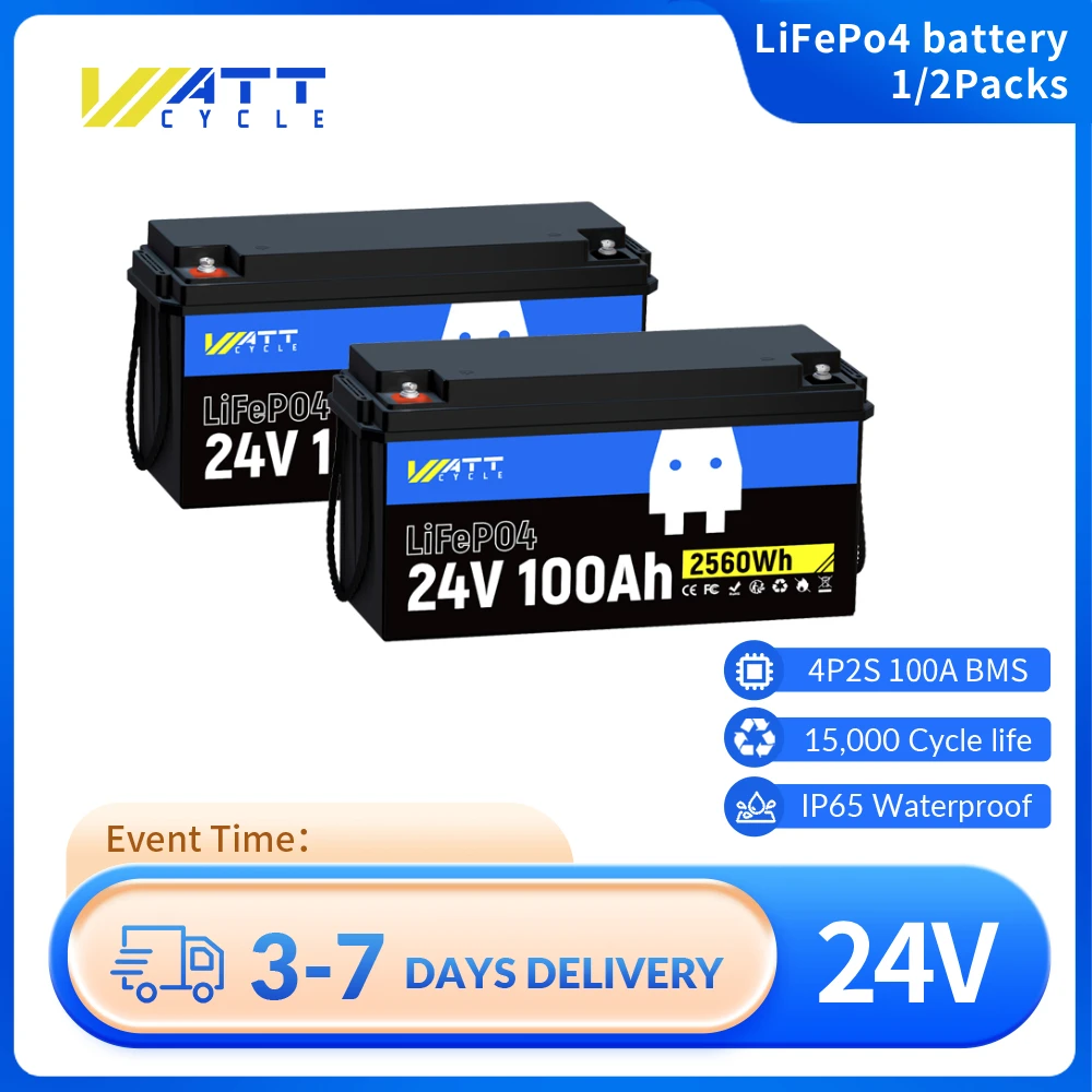 

Wattcycle 24 В 100 Ач LiFePO4 литиевая батарея EV класс A элементы 15000 циклов 100 Ач BMS 2560 Втч батарея для автофургонов, солнечных батарей, внедорожников/фургонов