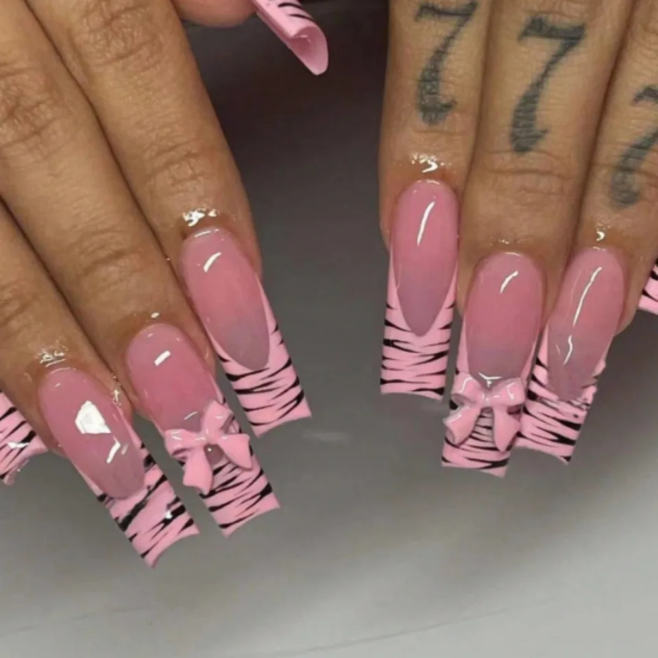 24 uñas postizas francesas con degradado negro y rosa, estilo Y2K, estampado de leopardo y lunares, cuadradas, con moño 3D, reutilizables 2