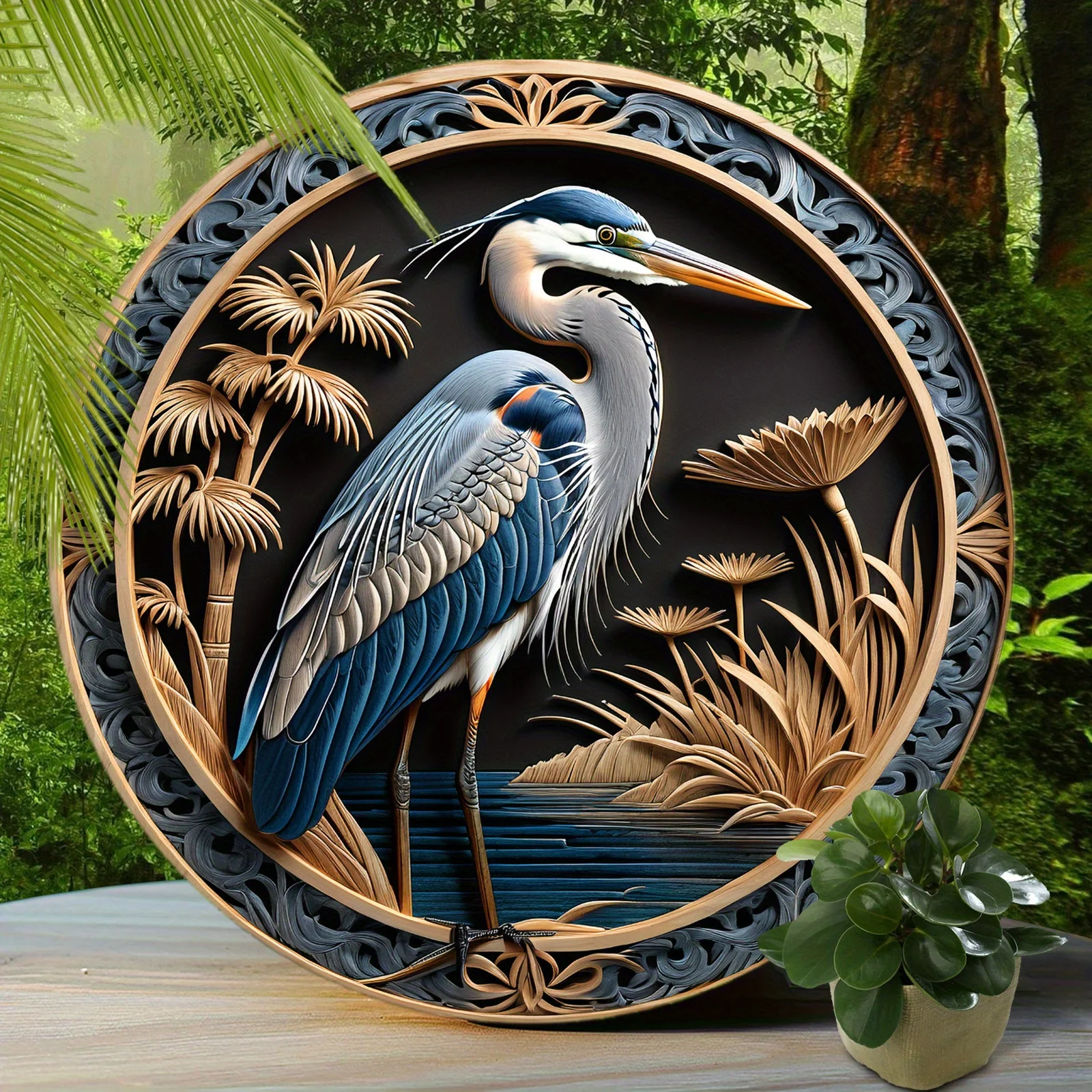 Great Blue Heron Aluminum Sign, Cute Bird Sign, Living Room Wall Decor, Round Fashion Art Aesthetic, Terrace Decor Holiday Gift