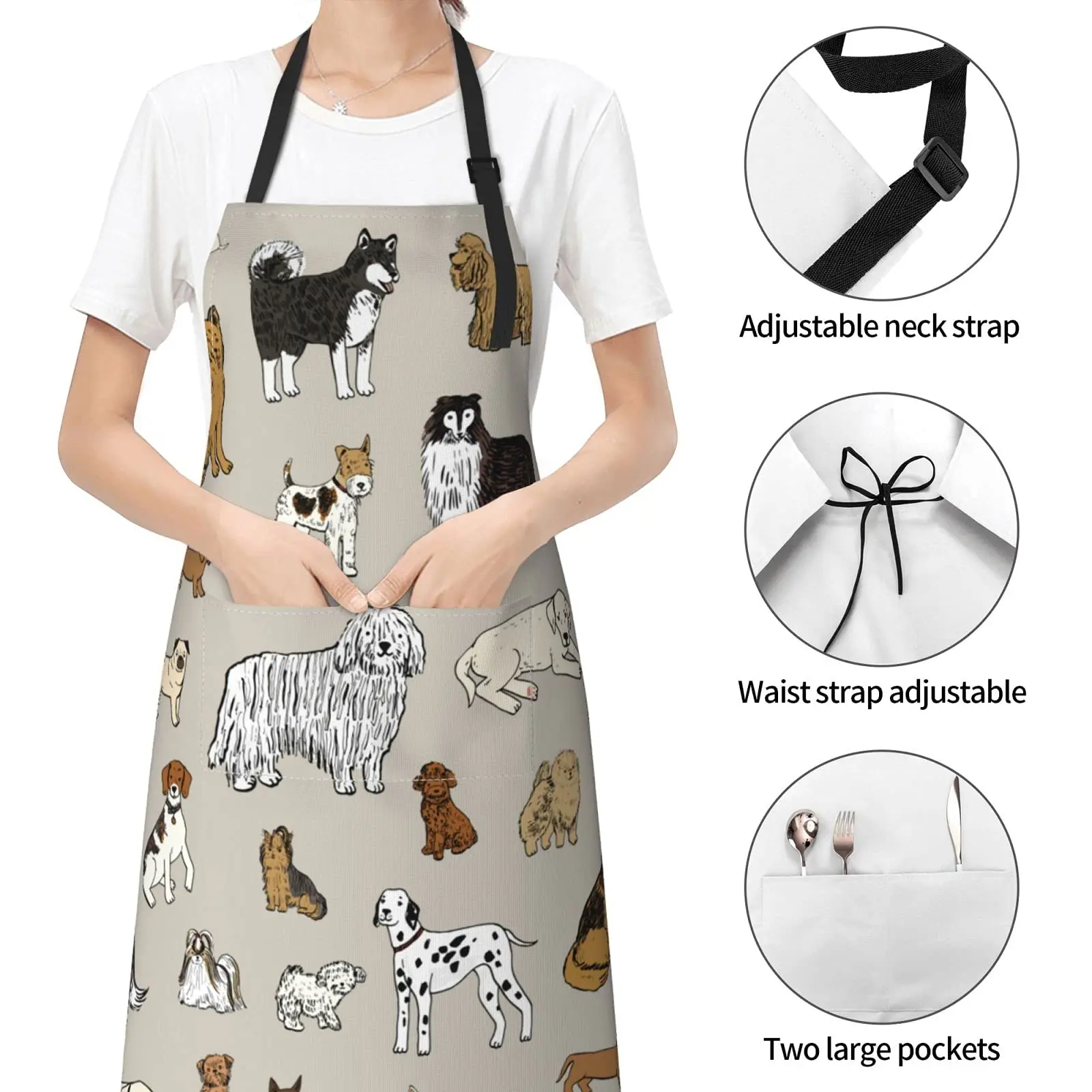 Cute Dogs Animal Print Waterproof Apron with 2 Pockets Cute Puppy Pets Kitchen Chef Aprons Bibs for Grooming Cooking