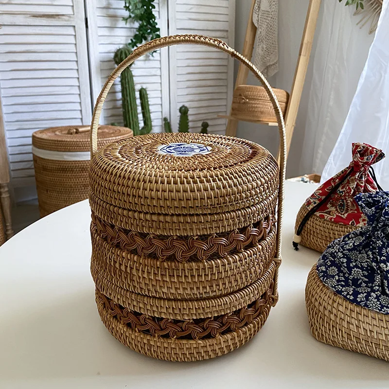 Vietnam rattan double layer food box desktop coffee table sundries snacks dried fruit tea cups tea organizer basket