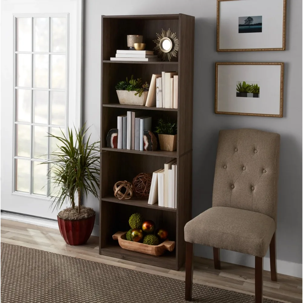 NEW Mainstays 5-Shelf Bookcase with Adjustable Shelves, Canyon Walnut