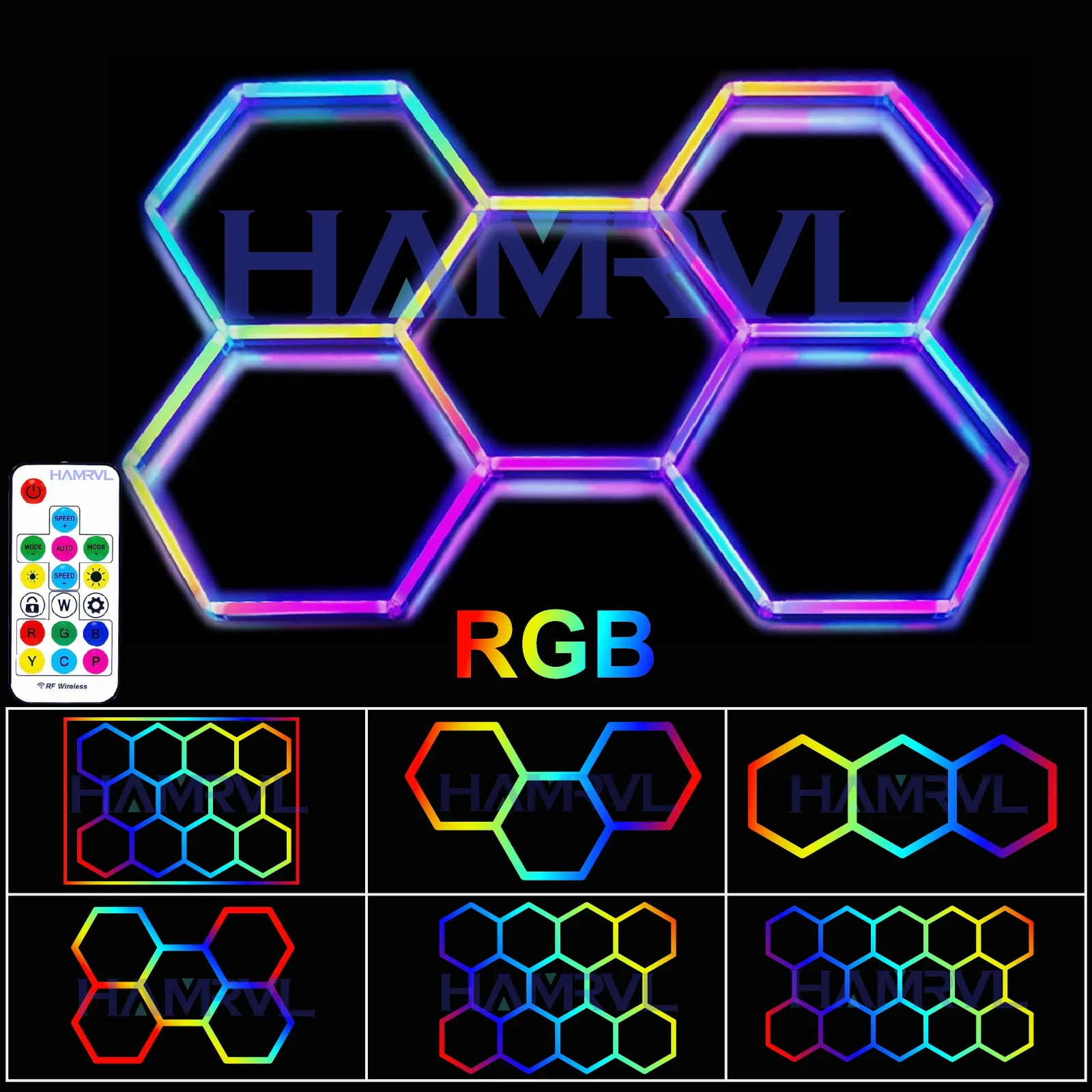 RGB  Hexagon Led Lights Garage Ceiling Light Shop Honeycomb for Car Detailing Workshop Gym Supermarket Tube Lamp With Remote