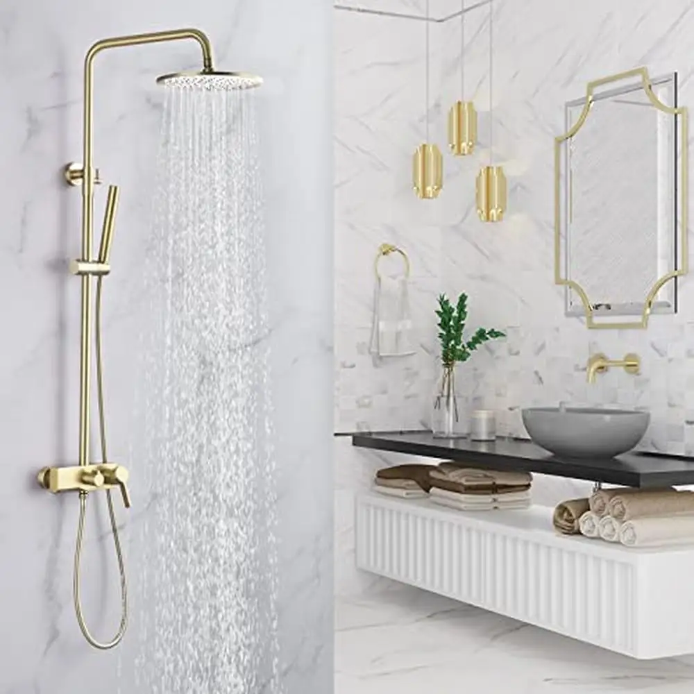 Brushed Gold 3-Function Shower System with HandHeld Tub Spout Brass Valve Adjustable Height Rain Showerhead Spray Mode 59 Inch