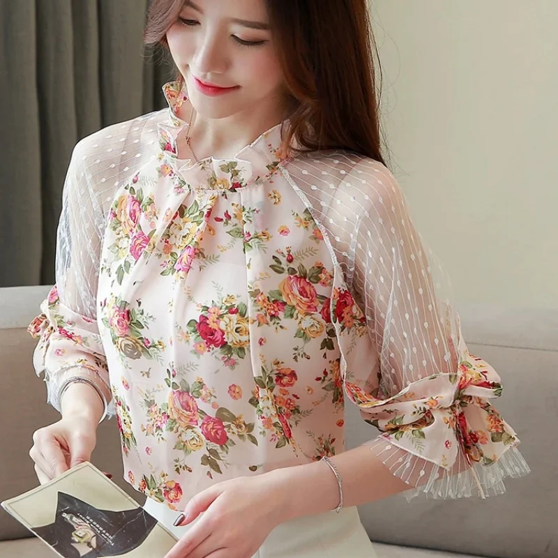 New Summer Chiffon Women Blouse Office Lady Elegant Floral Print Tops Fashion Short Sleeve Shirt Lace Mesh Clothes