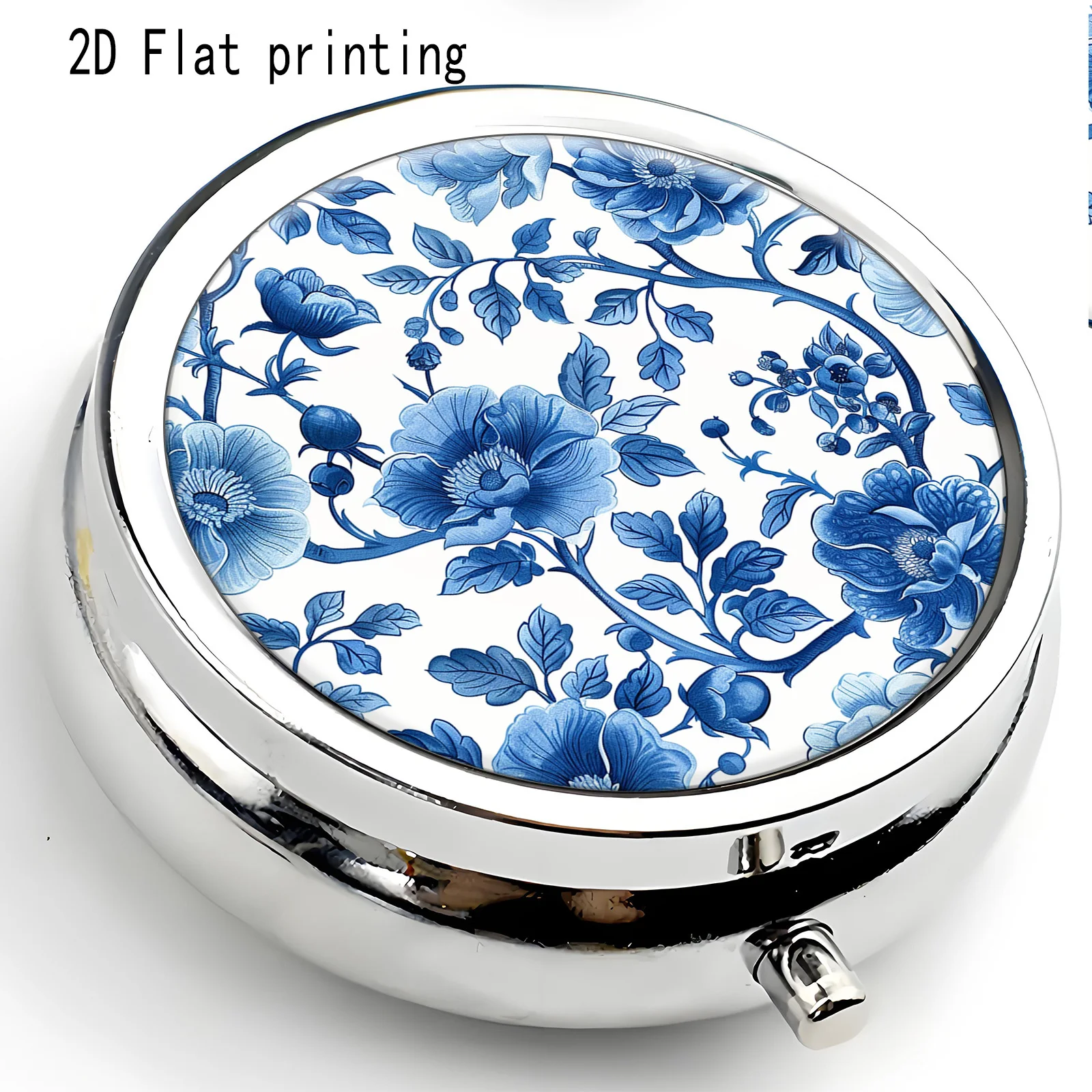 White Background with Blue and White Floral Peony Designs in Chinese Style, Hand-Painted Porcelain-Style Round Pill Box, Mini Pill Box, Multi-Compartment Medication Storage Box, Portable Household Storage Box, Suitable for Wallet Travel, Unique Gift