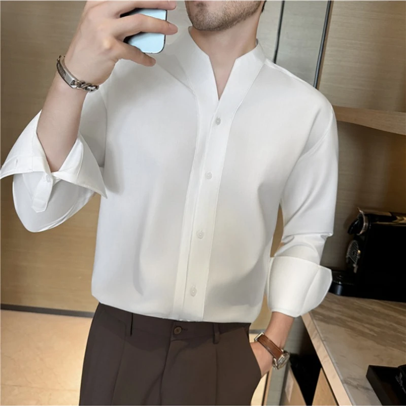 

Men's Long Sleeve Shirt with Extended Cuffs - Coffee Color Stand Collar, Slim Fit, Business Casual Solid Top