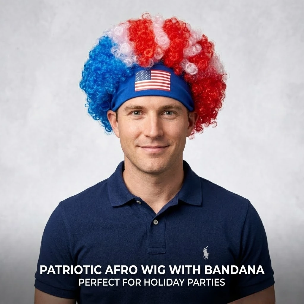 Adult Patriotic Afro Wig With American Flag Headband Red White Blue Curly Hair For Party Cosplay Festival Costume