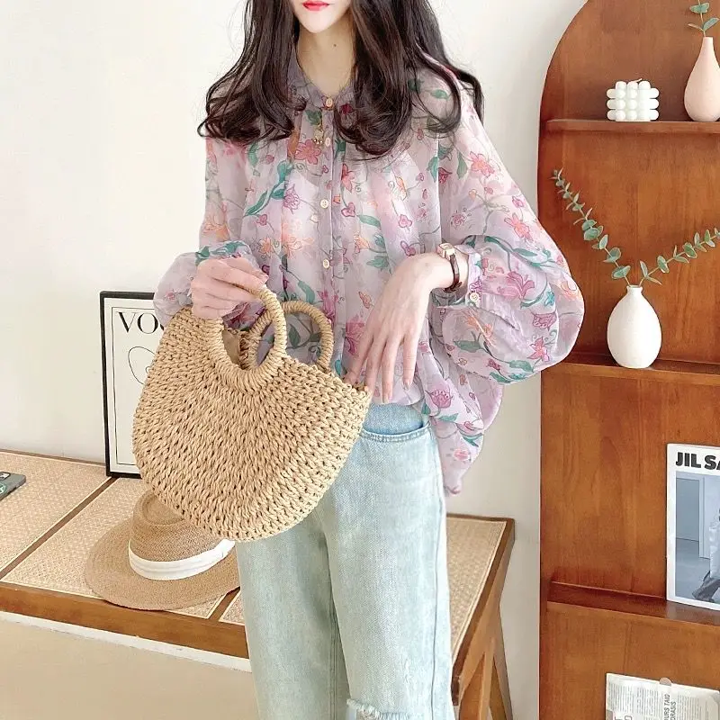 Chiffon Top Women\'s Summer New Loose and Fashionable Slimming Cover Shirt Sheer Lantern Floral Long Sleeved Sun Protection