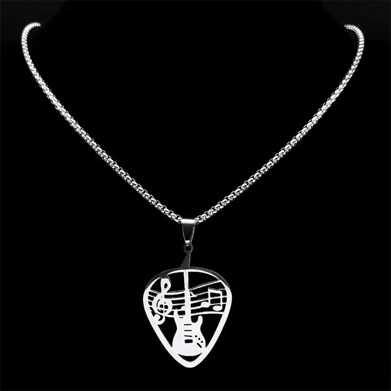 Rock Music Guitar Pick Pendant Necklace for Women/Men Stainless Steel Punk Musical Bass Note Chain Party Gift Jewelry collar