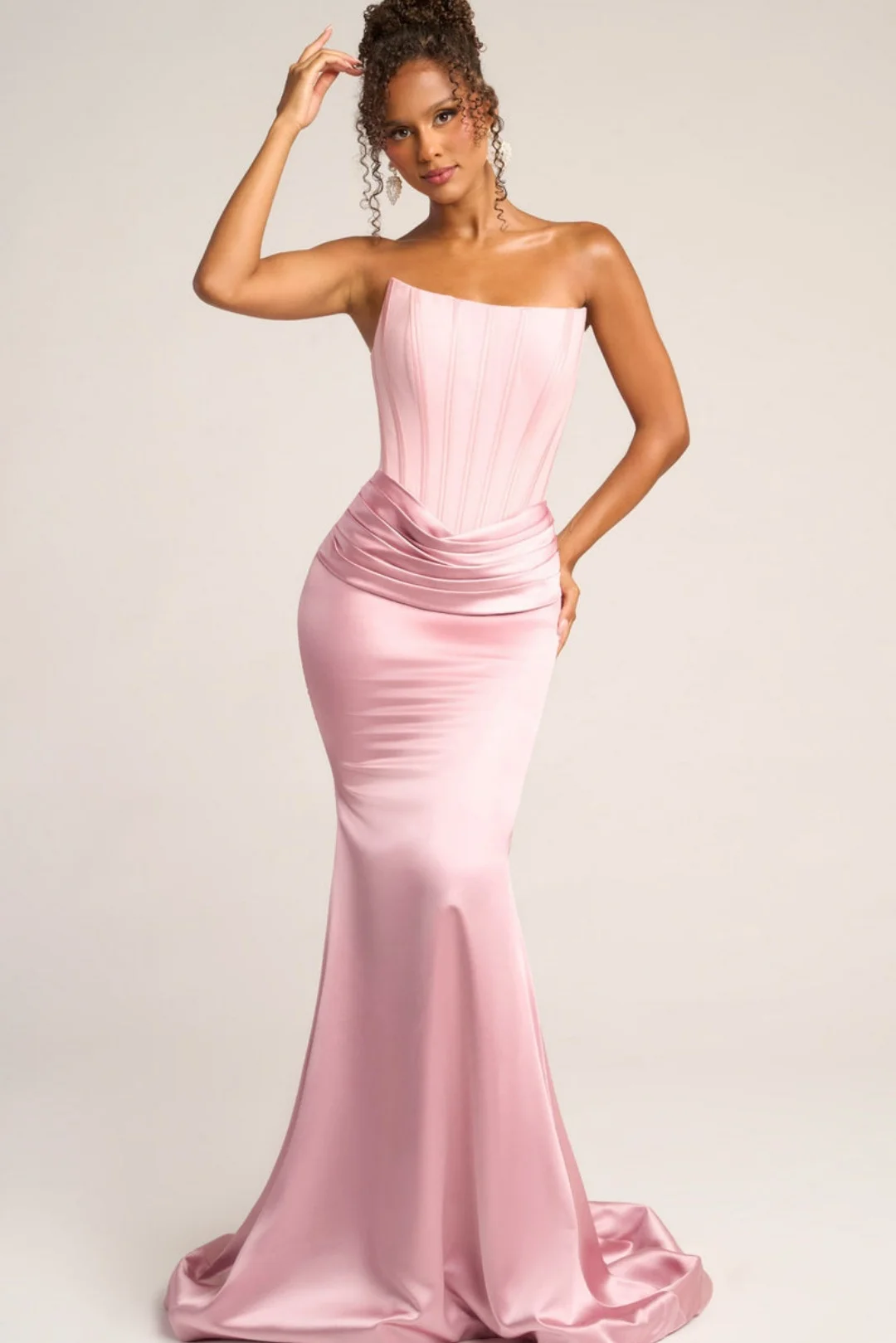 

Strapless Pleated Corset Mermaid Gown Blush Pink with Train backless Sleeveless patchwork For Formal Evening & Prom Dress