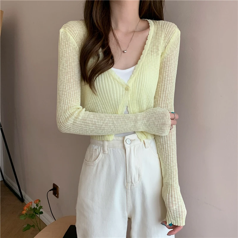 Sheer Ribbed Knit Cardigan with One Button Long Sleeve Crop Top Women Teen-girl Spring Summer Fairycore Outfit