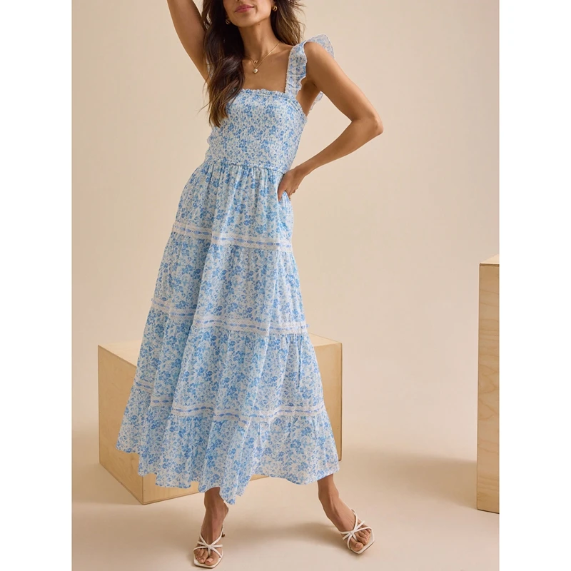 Robe camisole d'été pour femmes, imprimé floral, sans manches, col carré, longue, fluide, ligne A, pour la plage