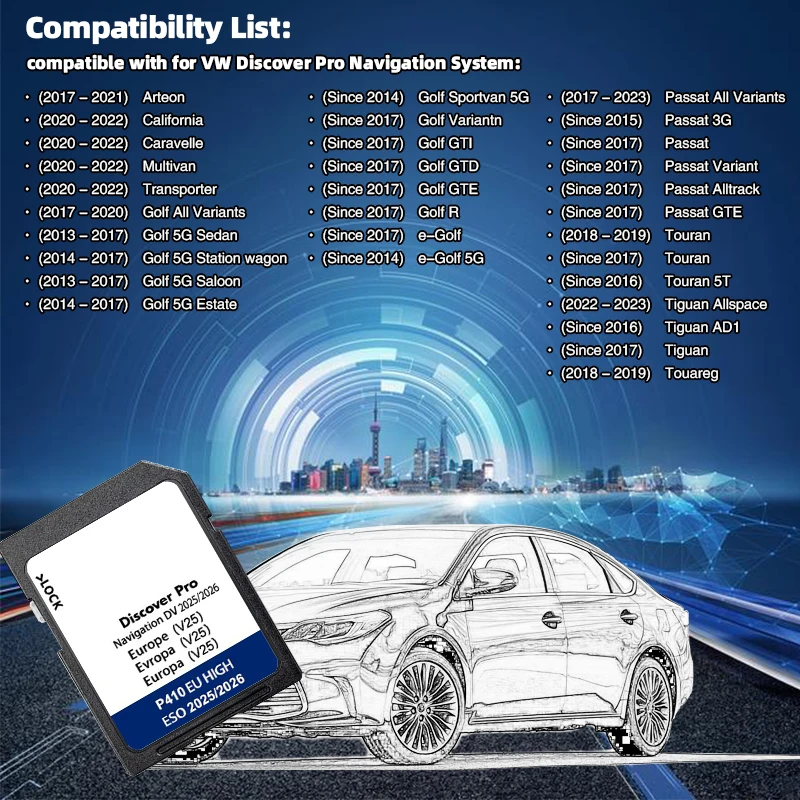 المملكة المتحدة أوروبا خريطة تحديث Sat Nav بطاقة SD 2025-2026 لشركة فولكس فاجن باسات توران تيجوان DV V25 وسائل الإعلام اكتشف برو الملاحة بطاقة الذاكرة 64 جيجابايت