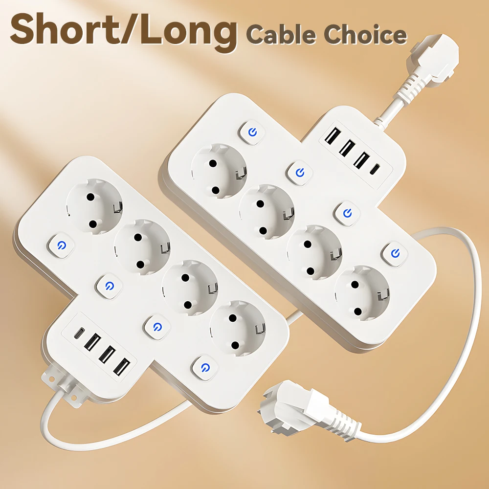Multiprise courte/longue en option avec interrupteurs individuels, options courtes/1,5 m/3 m disponibles, 4 prises standard européennes CA, 3 ports USB, 1 port type-c, options de rallonge 5 pieds/10