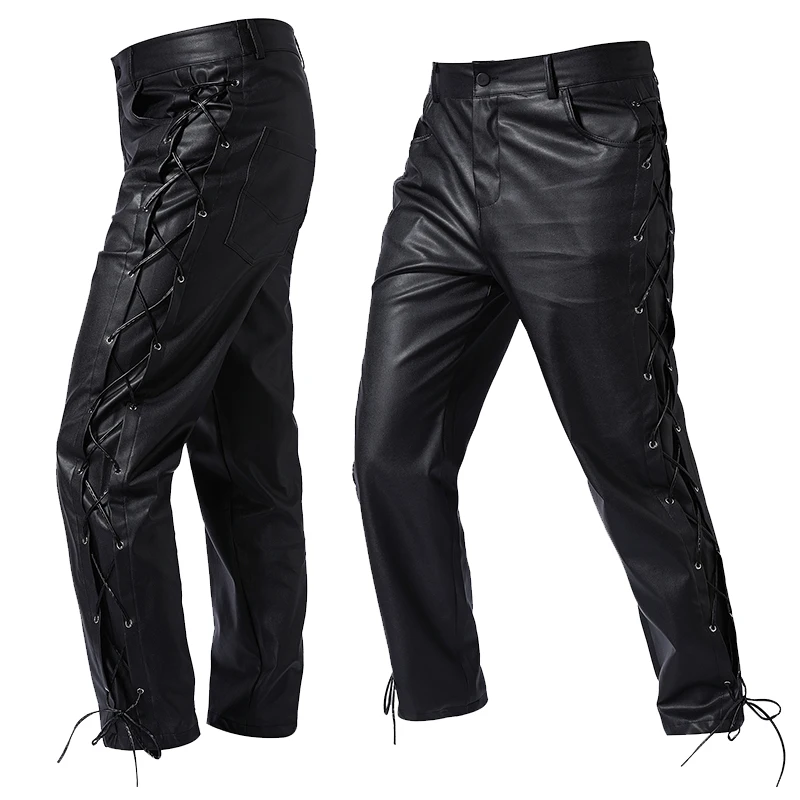 

2024 New Mens Leather Pants Locomotive Punk Style Spring Autumn Medieval Retro Bandage Trouser