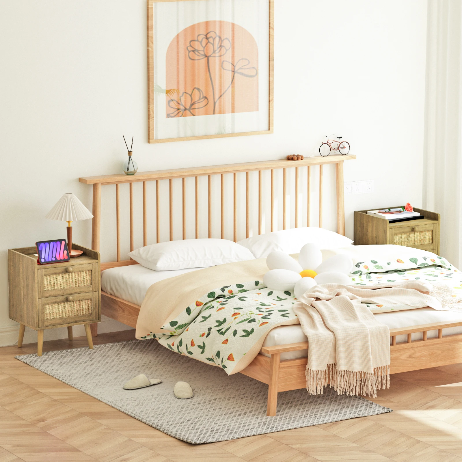 Rattan nightstand with integrated top surface charging station showing AC and USB ports