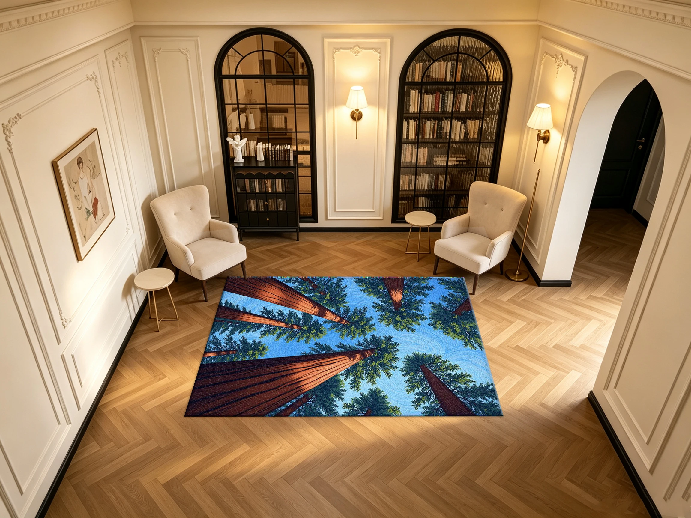 Van Gogh Style Giant Redwood Forest Sky Carpet Flooring Artistic Tree Scenery Printed Square Area Rug for Home Wall Floor Decor