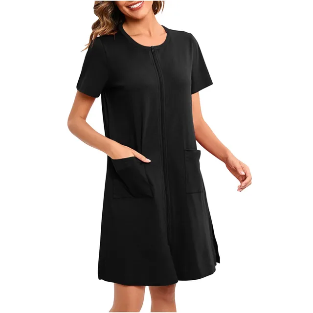 Women'S Nightshirt Zipper Front Nightgown Short Sleeve Crewneck Sleepwear Loose Fit Short Pajamas Dress With Pockets 2024