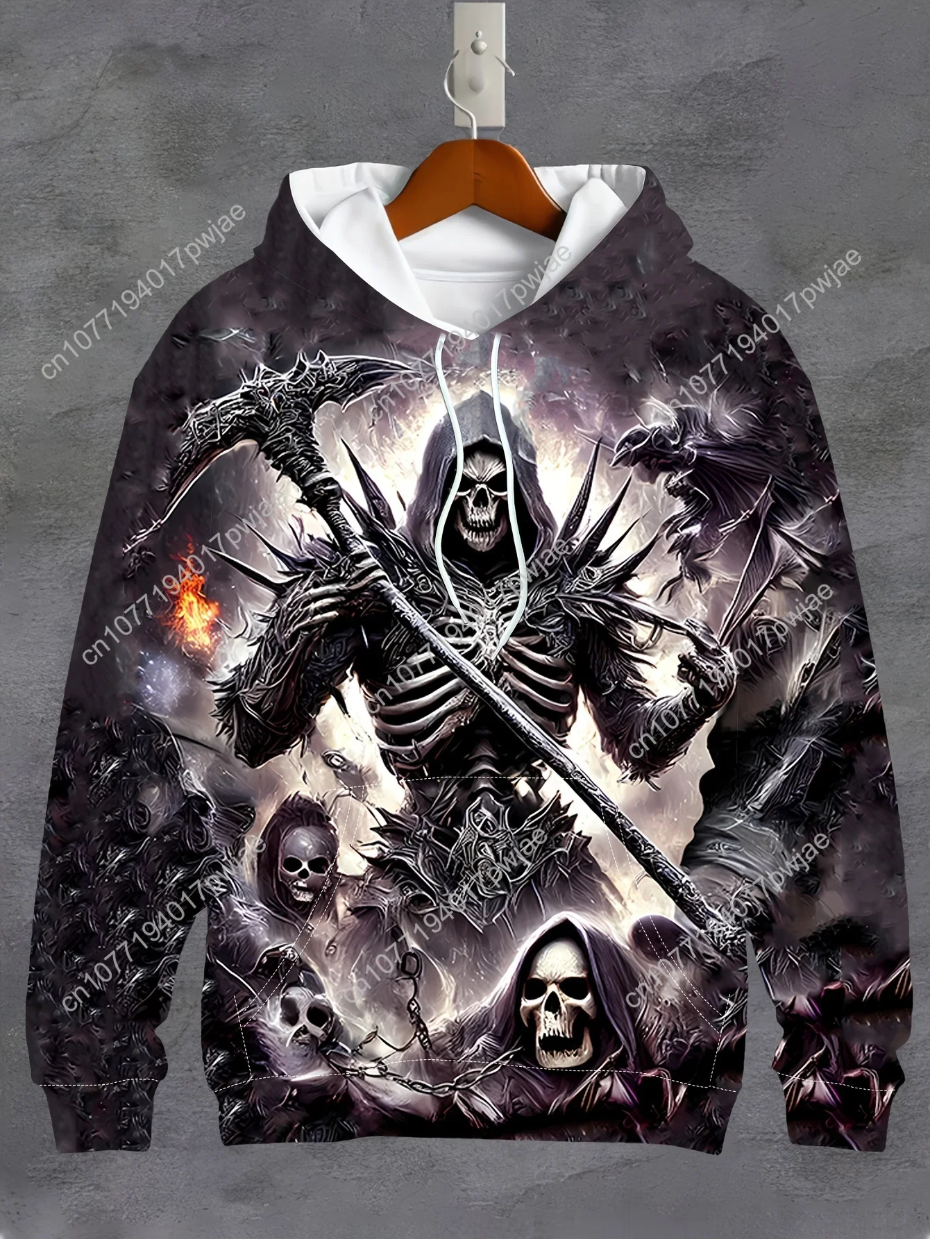 Moletom masculino com capuz gráfico de caveira escura 3D – Design de soldado de esqueleto negrito, moletom casual de manga comprida com cordão e bolsos, poli