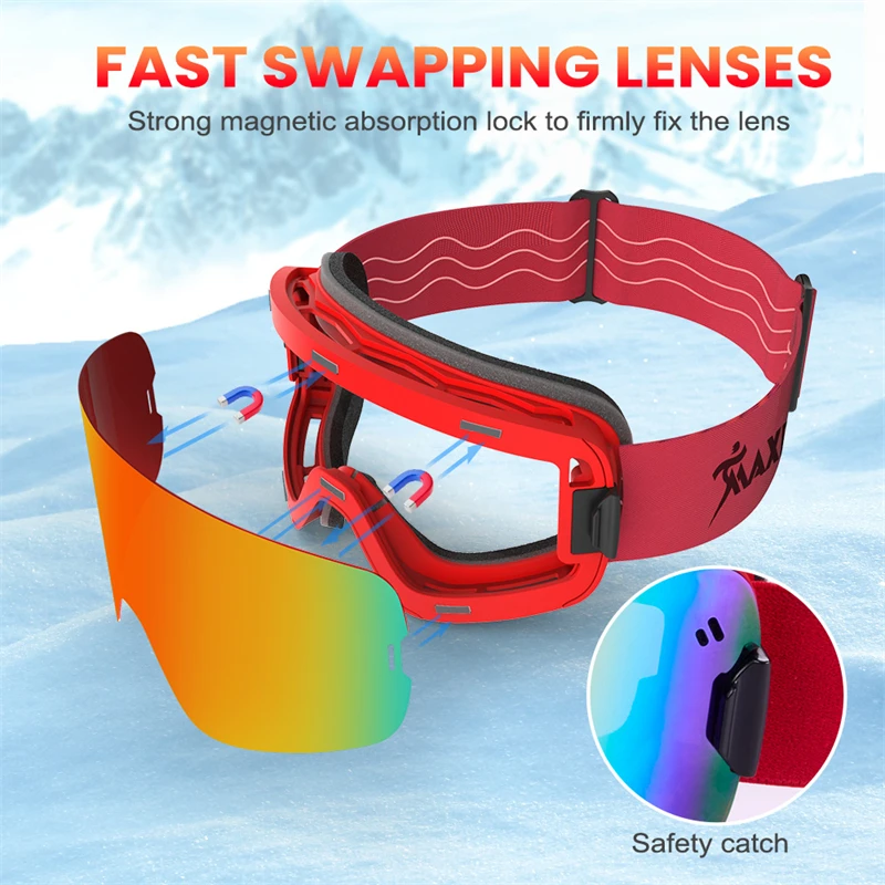 Ski Snowboard Goggles Women Men Skiing Eyewear OTG UV400 Protection Anti-Fog Wide Vision Magnetic Snow Glasses Double Mirrored