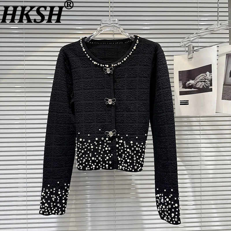 

HKSH весна осень новый женский свитер вязаный кардиган с круглым вырезом однобортный бисер с бантом и пряжкой французское элегантное милое пальто HK12901