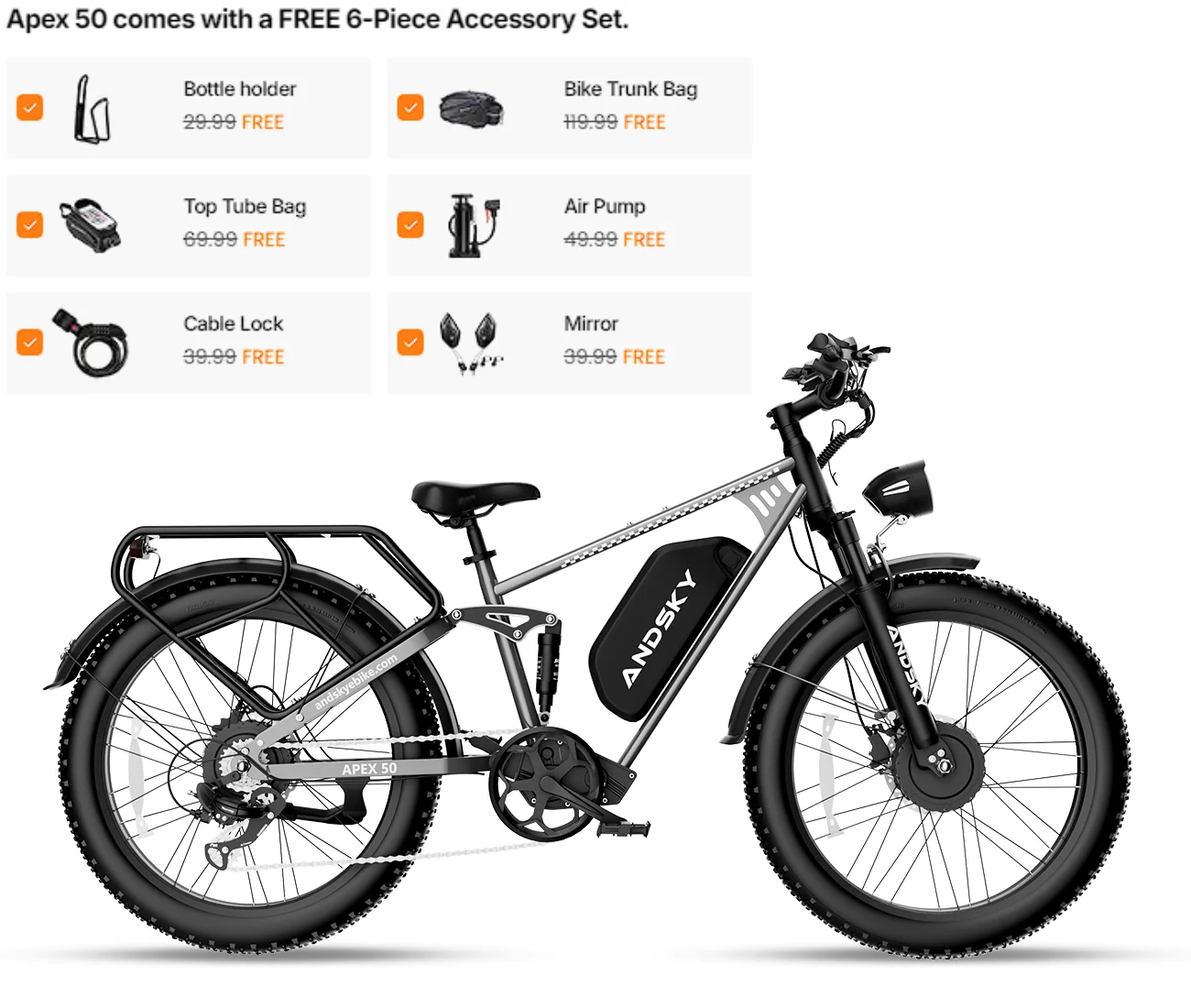 ANDSKY Apex50 AWD Electric Bike 3000W Dual Motor 35MPH 100Miles Long Range 48V/52V 25Ah Removable Battery City Off-Road Electric Bicycle for Adults Full Suspension 26*4 Inch All Terrain Fat Tire E-bike image 3