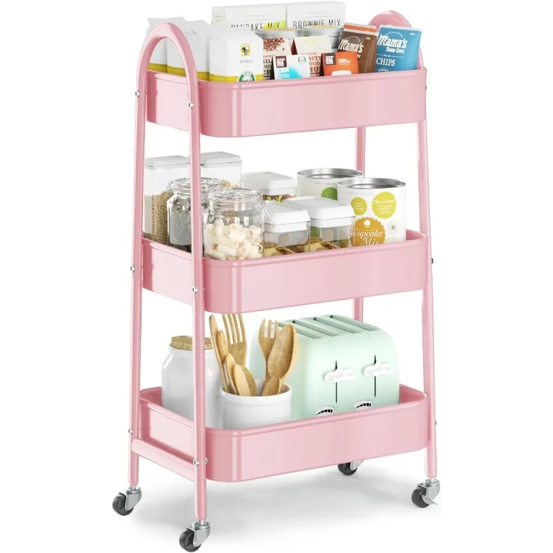 

3Tier Metal Rolling Cart,Oval Utility Cart with Lockable Wheels,Multifunctional Storage Cart Organizer Trolley with Mesh Shelves