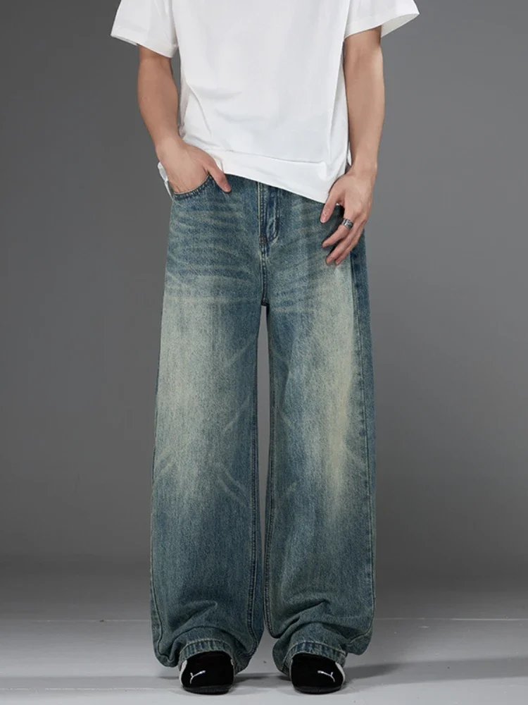

Pop Harajuku Men's Vintage Jeans Straight Loose Casual Wide Pants Fashionable Personality Wash Baggy Male Trousers