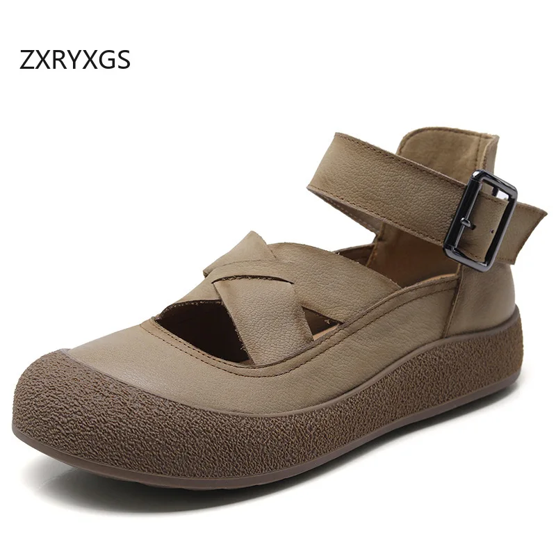 

ZXRYXGS Premium Full Genuine Leather Shoes Roman Sandals 2025 Spring Summer Comfortable Flats Thick Sole Women Trendy Sandals