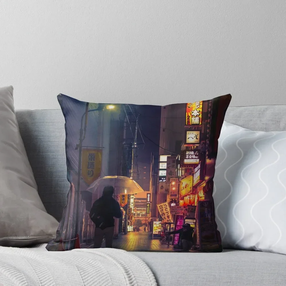 Neon Noir Street Reflecting the warm yellow and orange light from the bar area. Throw Pillow luxury sofa pillows Pillow