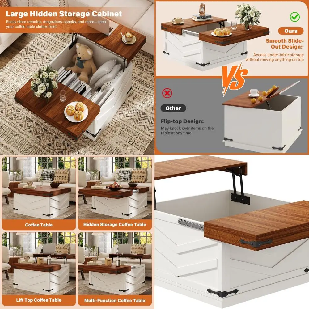 طاولة قهوة بيضاء منزلقة مع مساحة تخزين، متعددة الوظائف لمساحات المعيشة