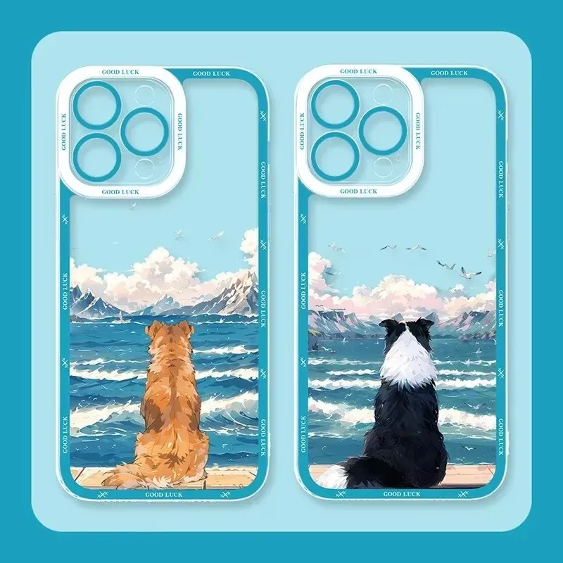 Case For Samsung Galaxy S24 S23 S22 Ultra S21 S20 FE Note 20 10 Plus A15 A25 A35 A55 Dog watching the sea view Clear Back Cover