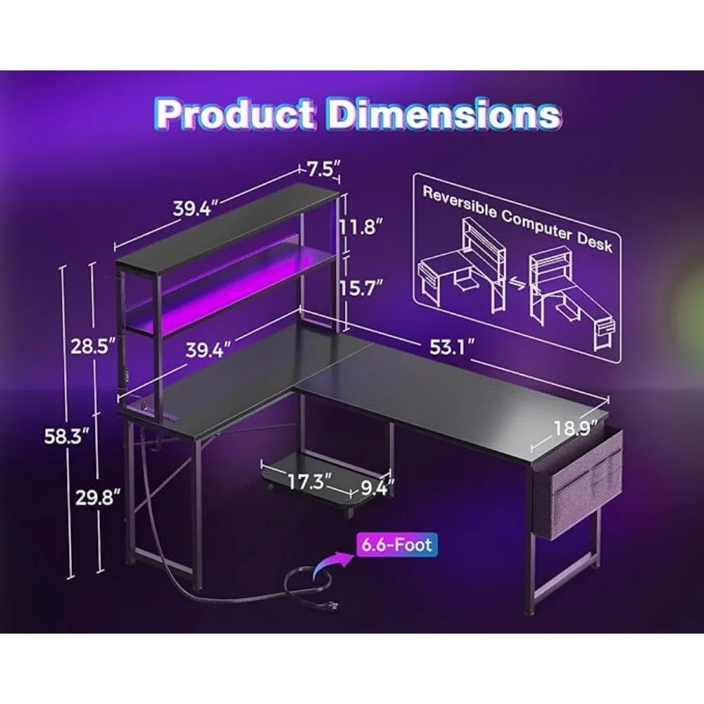 L Shaped Desk Gaming Desk with LED Light & Power Outlet, 53 Inch Reversible L Shaped Computer Desk with Shelf