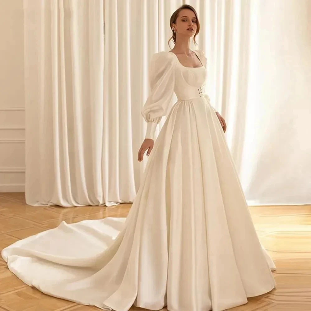 

Graceful Satin Wedding Dresses With Detachable Coat Square Collar Bridal Gowns Long Puff Sleeves 2024 Vestidos De Novia 2024