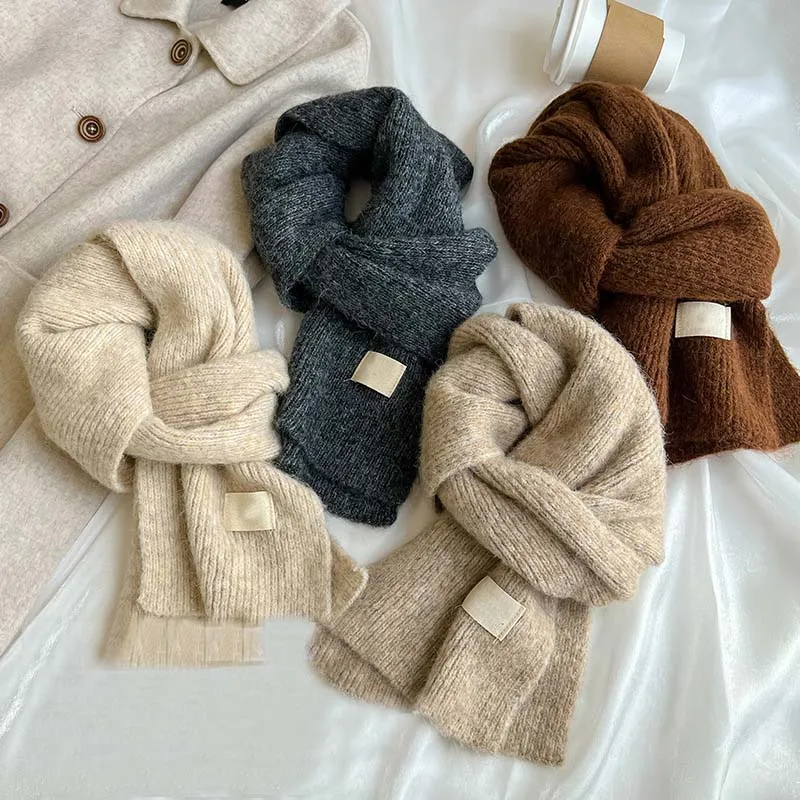 Women\'S Cashmere Scarf Winter Thicken Neck Warmer Soft Pashmina Shawls Wraps Lady Knitted Wool Long Scarf Solid Color New