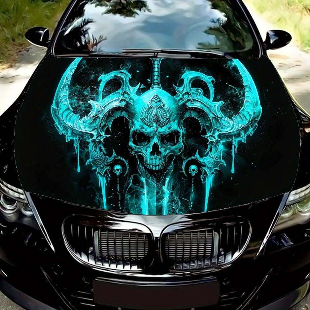 

Horned Skull and Sharp Sword Car Vinyl Wrap, PVC Waterproof Car Hood Sticker, Self-Adhesive Scratch-Resistant Stickers for Engin
