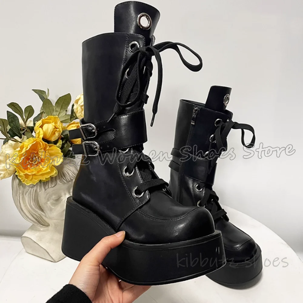 Ankle Modern Boots Round Toe Thick Bottom Belt Buckle Lace-Up Leather Solid Color Fashion Luxury Elegant Concise Novelty Shoes