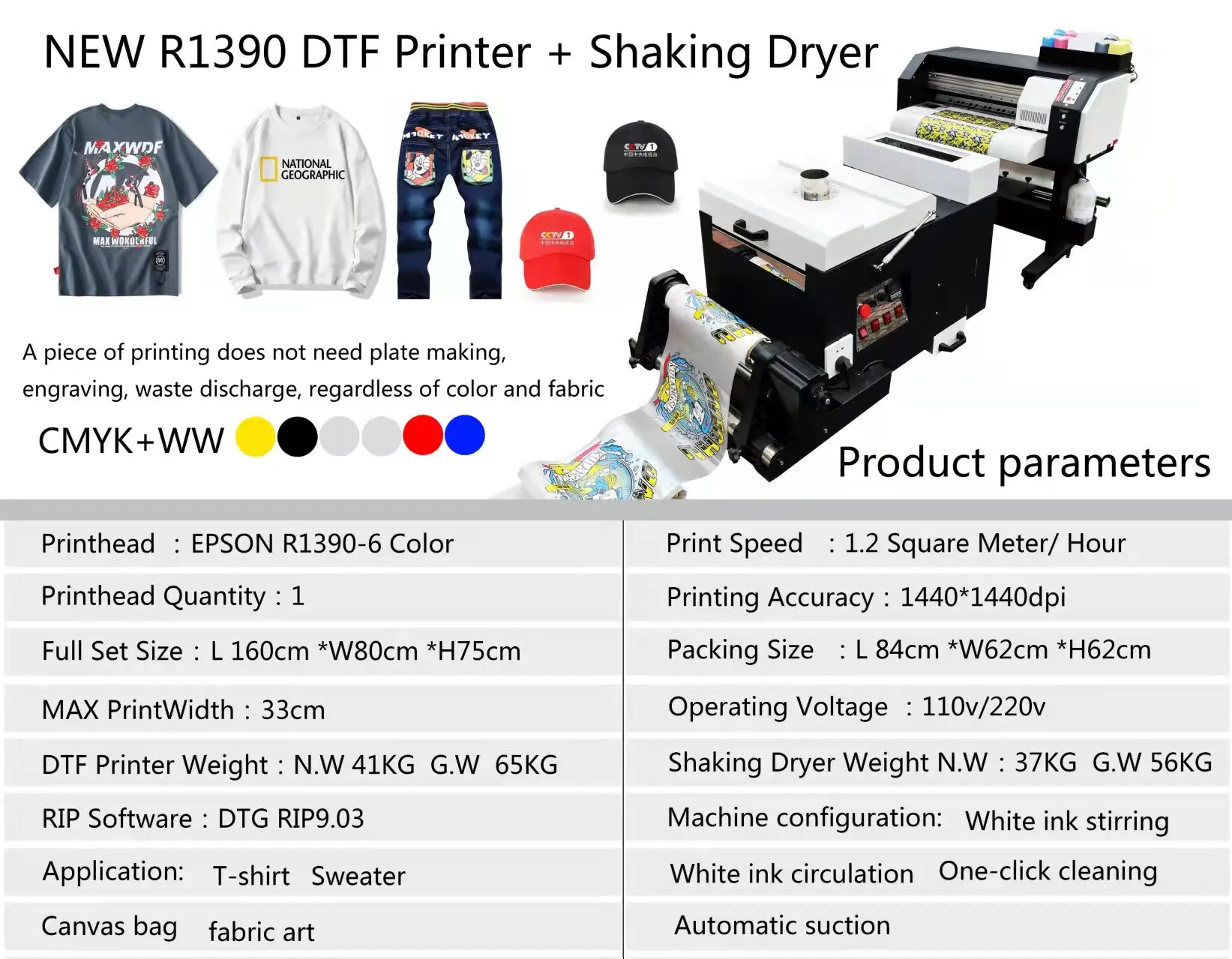 NEW A3+ 6 Color DTF Printer Installed R1390 Print head with RIP software for t shirt Sweatshirt Jeans Printer