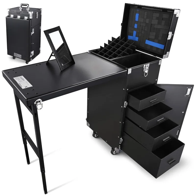 

Rolling Manicure Table Foldable Nail Table Makeup Train Case Tattoo Station Portable Nail Desk Workstation