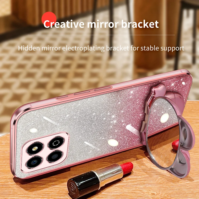 Case HONOR X8b X8a X8 X9a X9b X7a X7b X6 X6a 9X 8X X50 X40 X30 X20 X10 Gradient Glitter Makeup Mirror Rabbit Folding Stand Cover