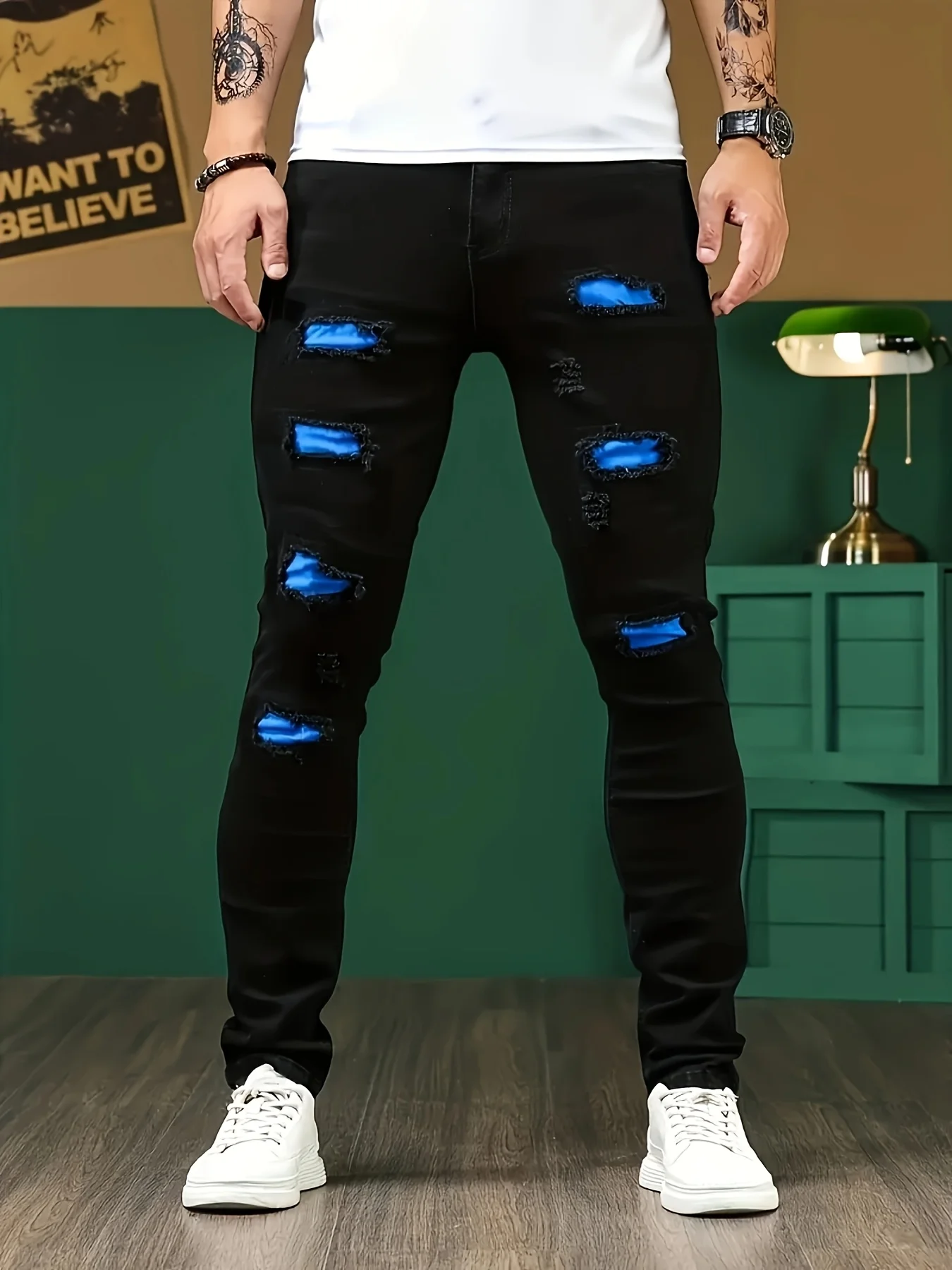 Patchwork Trendy Men's Streetwear Jeans Skinny Elastic Little Feet Straight Denim Trousers Fashion Ripped Slim Pants Male