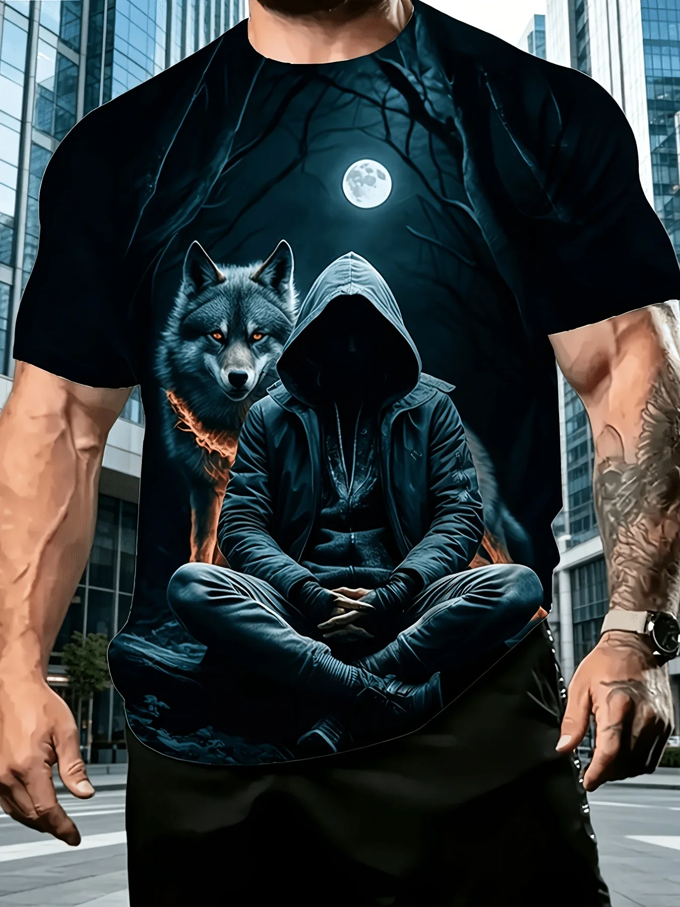 Vintage Men's Night Moon Wolf And Hooded Man Print T Shirt Trend Street Style Man Streetwear Summer Casual Short Sleeve Tops