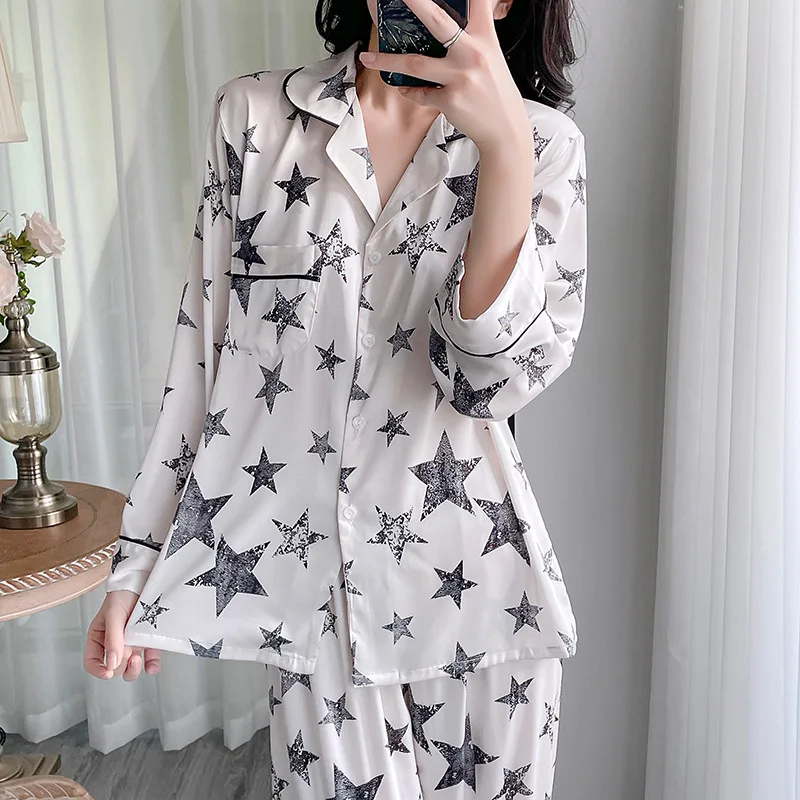 Female 2PCS Pajamas Set Long Sleeve Trouser Suits Sleepwear Pink Cartoon Nightwear Spring Summer Satin Pijamas Loose Home Wear