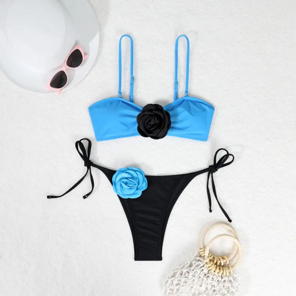 Strap Swim Trunks Set Women Bikini Set Sling Flower Decor Bra Lace-Up Briefs Set 3D Flowers Adjustable Shoulder Straps Swimsuit