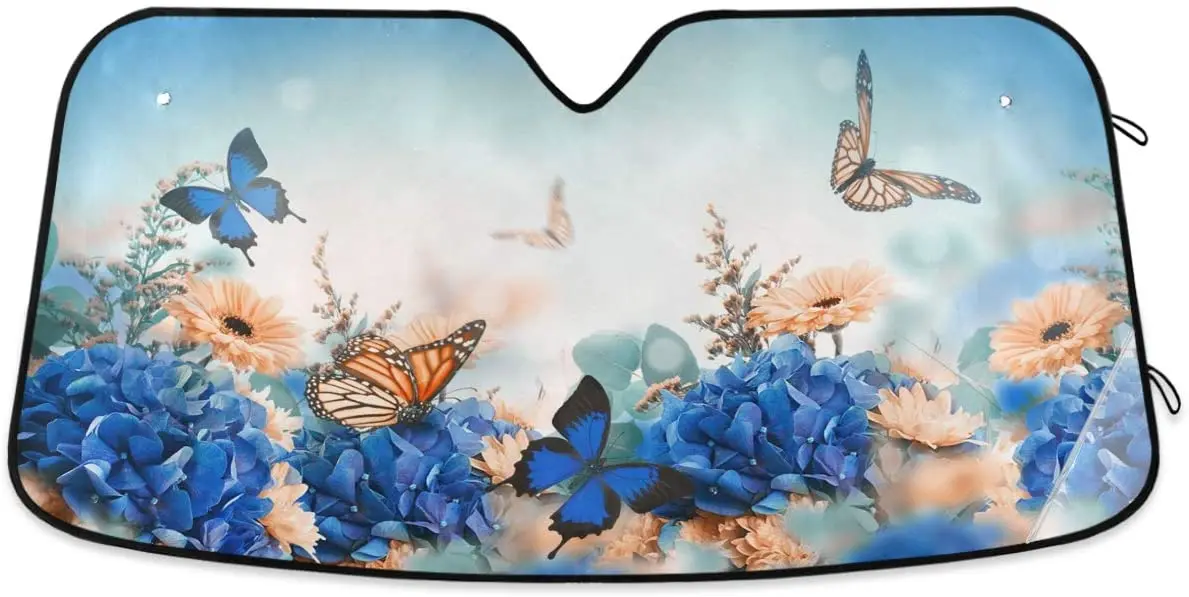 Oarencol Butterfly Daisy Car Windshield Sun Shade Blue Hydrangea Yellow Flowers Foldable UV Ray Sun Visor Protector Sunshade to