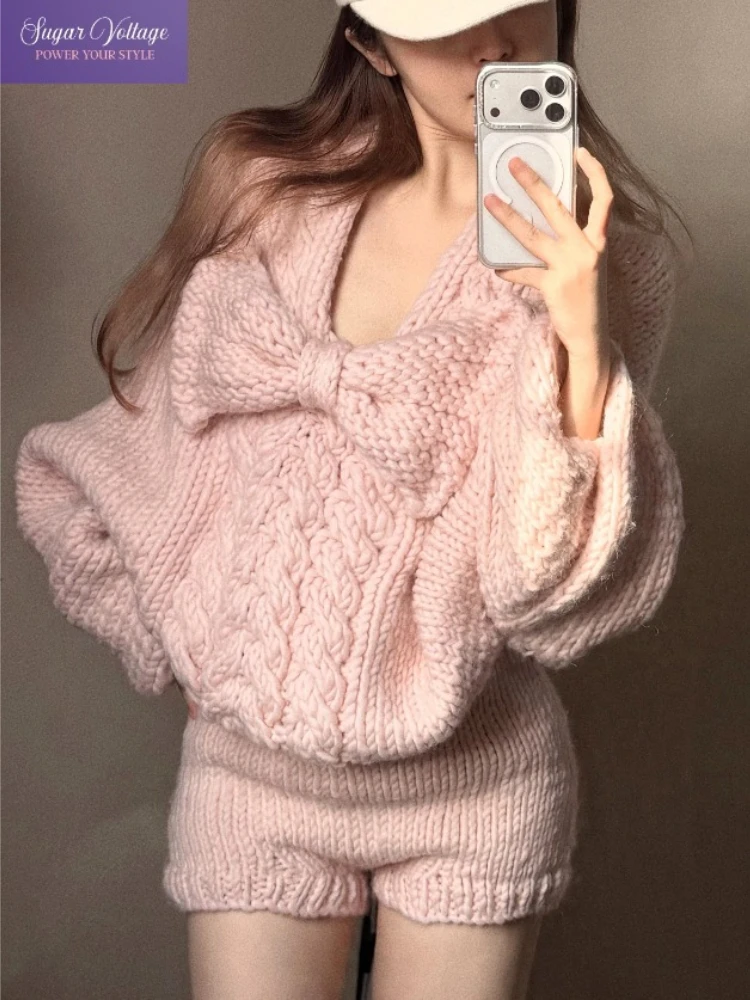 

Korean Sweet Pink Knit Soft Two Piece Set Women Loose Fit V-Neck Bow Sweater + Shorts Cozy Lazy Style Soft Cable Pullover Outfit